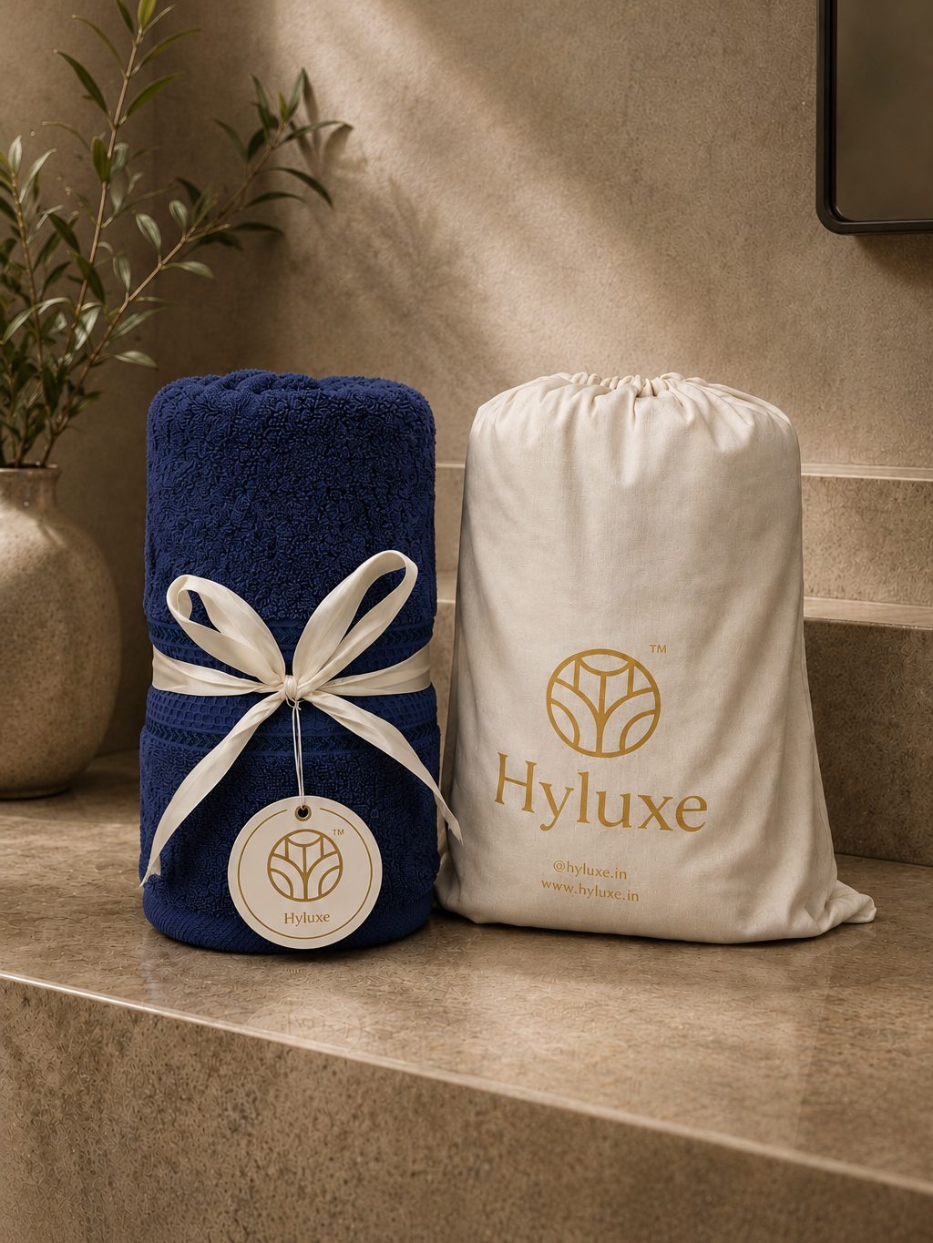 A navy blue towel wrapped in a cream ribbon with a round Hyluxe tag, standing beside a cream drawstring bag printed with the Hyluxe logo, set on a beige stone surface against a textured beige wall.