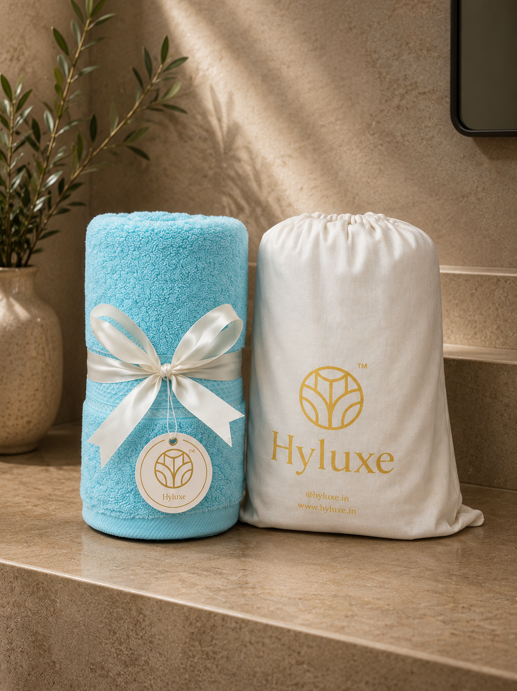 A turquoise blue towel wrapped with a white ribbon and tag stands beside a white drawstring storage bag printed with the Hyluxe logo, set on a beige stone surface in a warm interior setting.