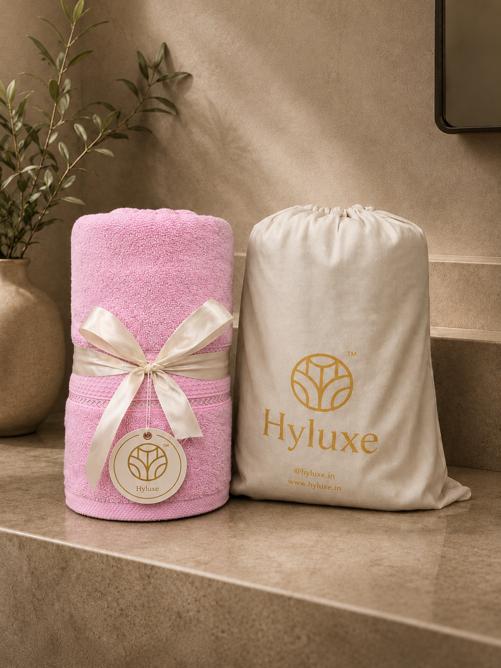 A pink towel wrapped with a cream ribbon and tag sits beside a cream drawstring pouch printed with the Hyluxe logo, displayed on a beige stone surface in a warm interior setting.