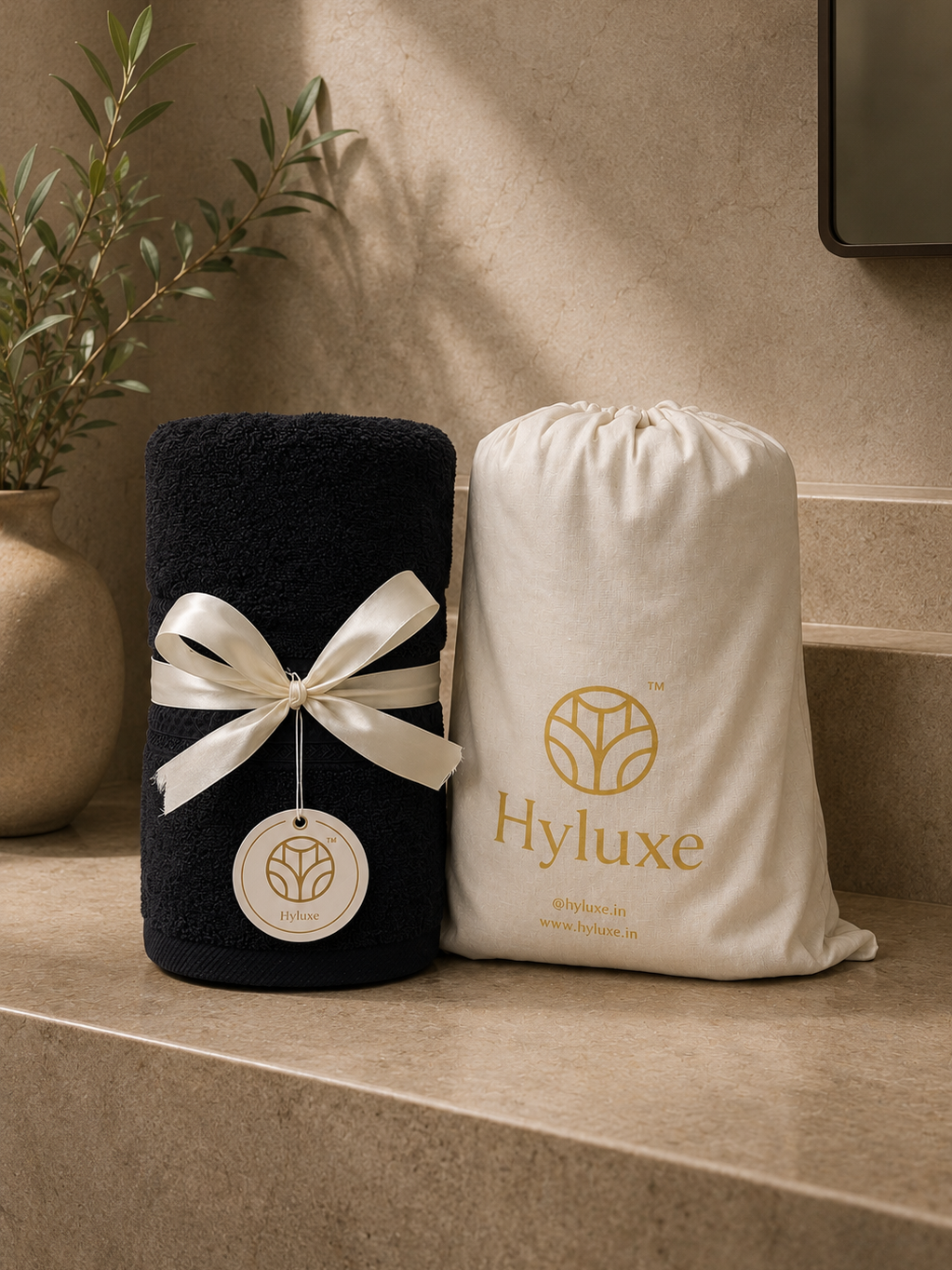 A black towel wrapped in a cream ribbon with a Hyluxe tag, standing next to a cream drawstring pouch with a gold Hyluxe logo, set on a beige stone ledge.