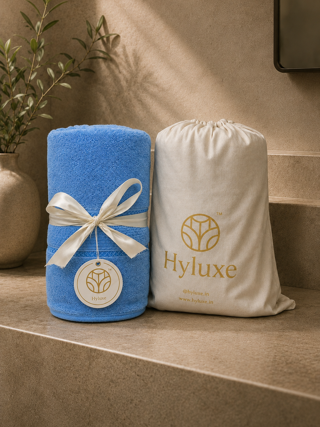 A blue towel wrapped in a white ribbon with a round Hyluxe tag, standing beside a cream-colored drawstring pouch printed with the Hyluxe logo, set on a beige stone surface.