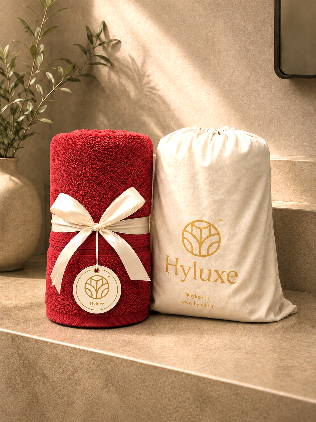 A rolled red towel tied with a white ribbon and tag sits beside a cream drawstring pouch printed with the Hyluxe logo, placed on a beige stone surface in a warm, sunlit setting.