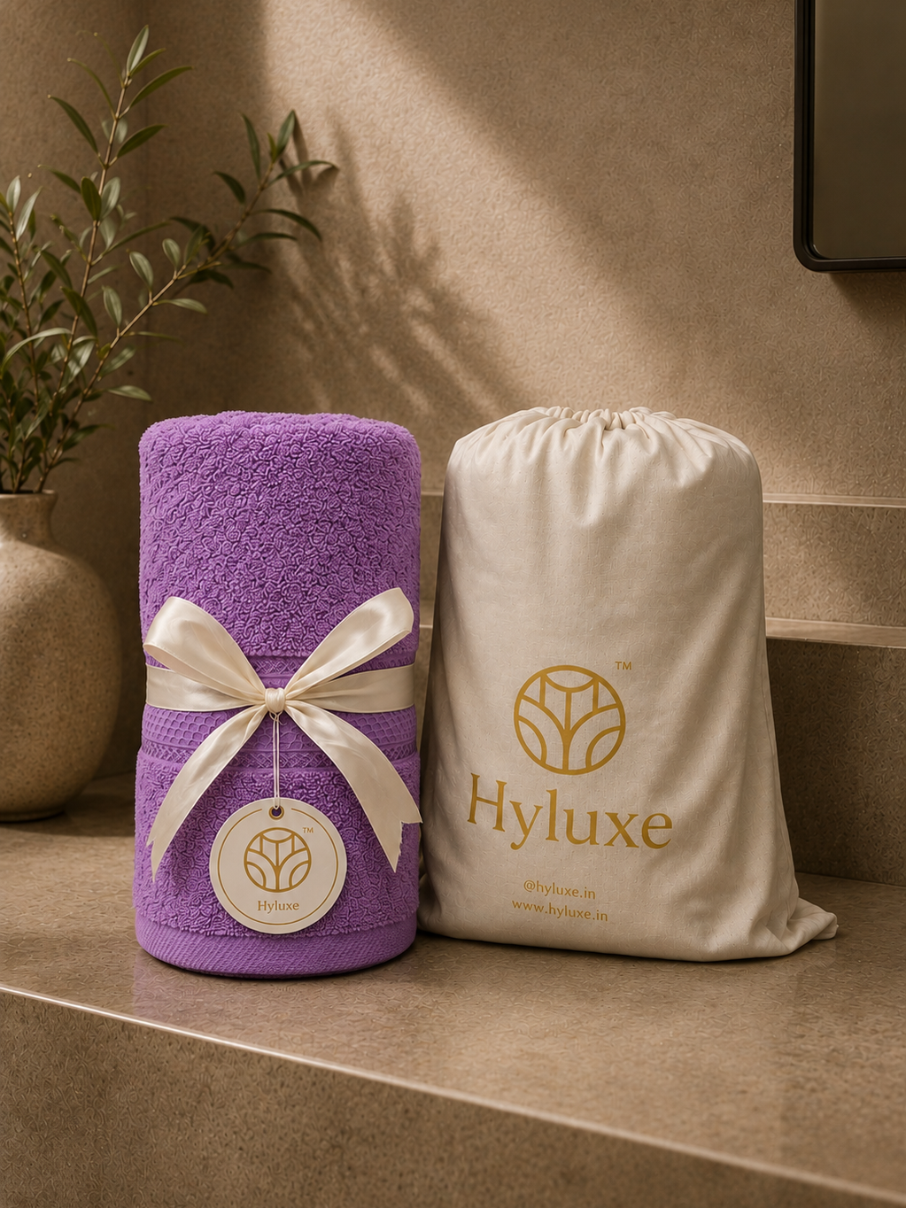 A purple towel roll tied with a cream ribbon and tag, standing beside a cream drawstring storage bag printed with the Hyluxe logo, set on a beige stone surface against a warm beige wall.