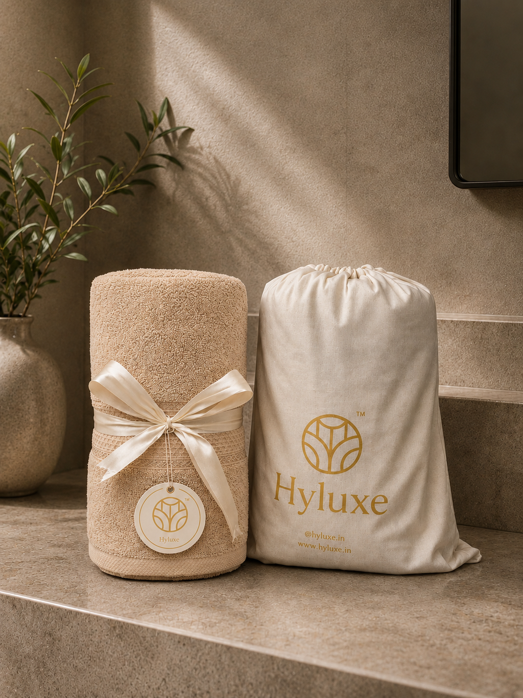 A beige towel roll tied with a cream satin ribbon and hanging tag, standing beside a cream drawstring storage bag printed with the Hyluxe logo, set on a stone ledge in a warm neutral interior.
