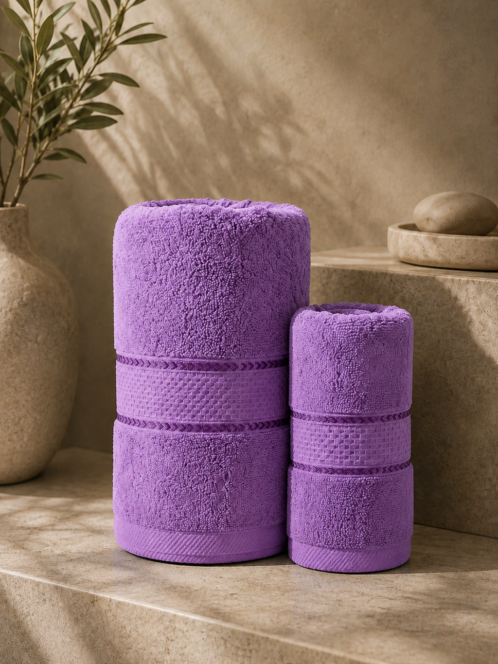 Two purple towels, one larger and one smaller, standing upright on a beige stone surface with a textured wall and decorative vase in the background.